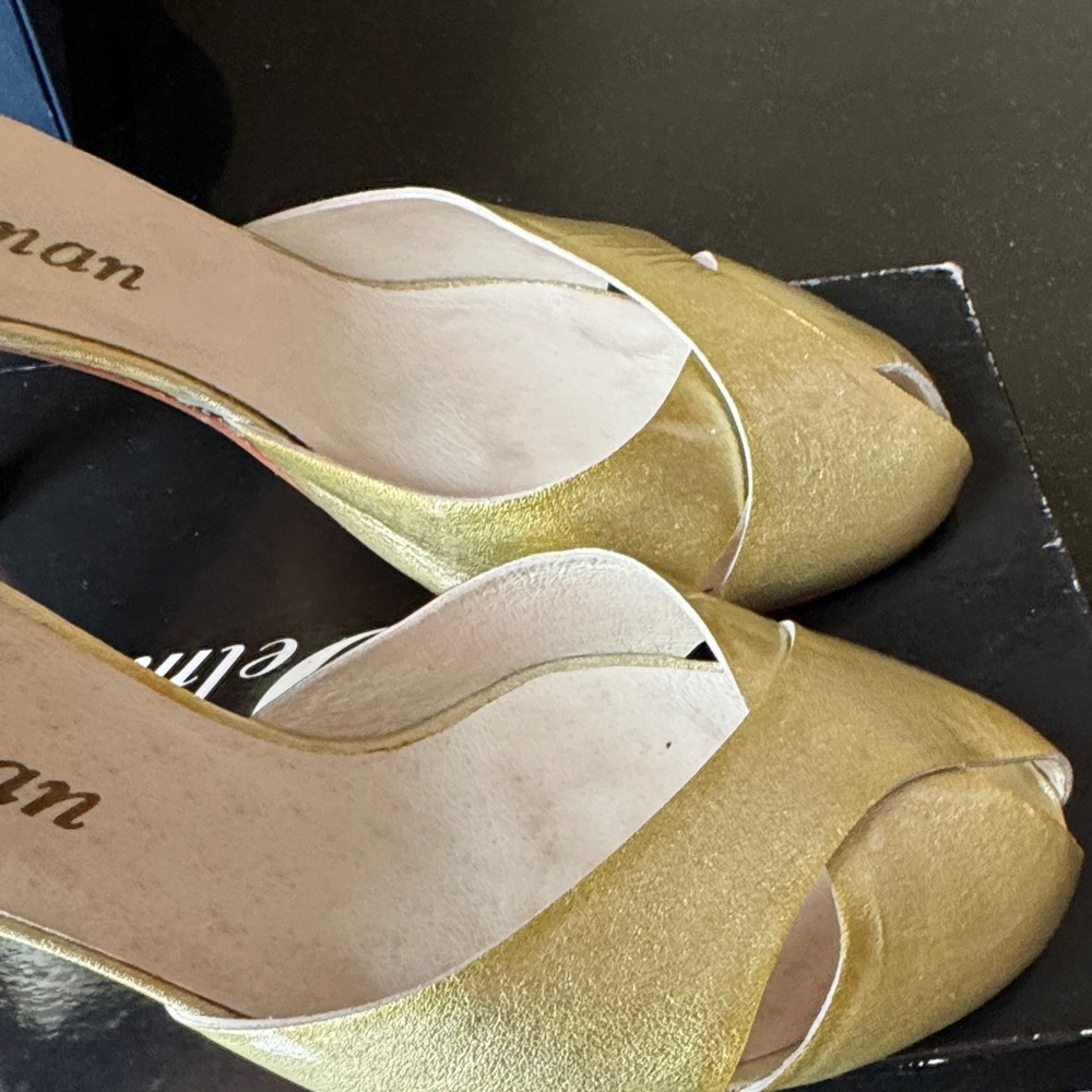 Delman Gold Open-Toe Heels - Picture 3 of 11